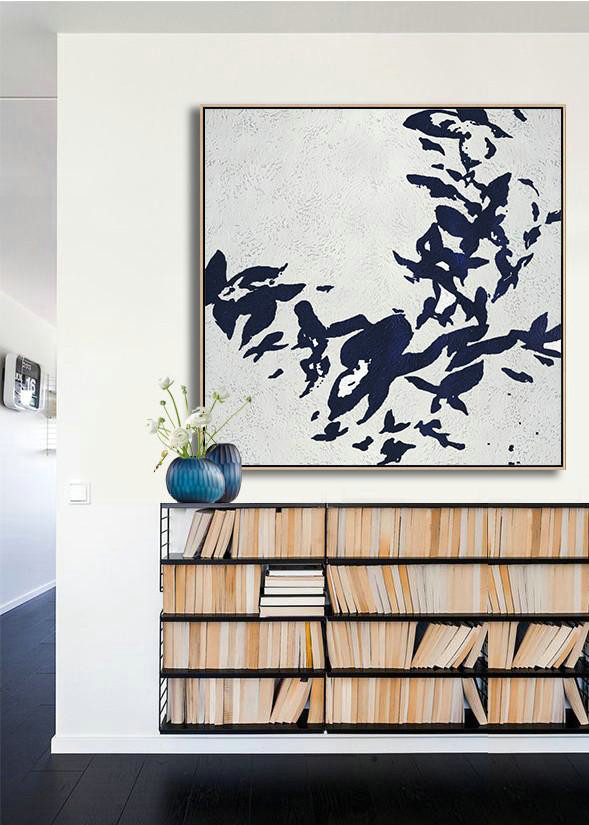 Large Oil Canvas Art,Minimalist Navy Blue And White Painting,Large Canvas Art,Modern Art Abstract Painting
